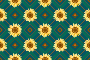 Yellow sunflower seamless pattern on geometric square dark color textured background. Decorative cute floral vector illustration blue and green backdrop. Textile, fabric print design - 628208365