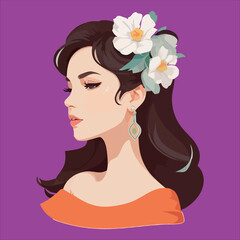 beautiful woman vector illustration is a lovely way to showcase the beauty and diversity of women. illustration features a woman with long hair, big eyes, and a smile, wearing a floral dress earring