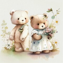 Illustration two teddy bear sitting together in flower garden Created with Generative AI technology.