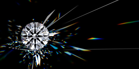 Round brilliant cut diamond with colorful fire and refraction rays on black background