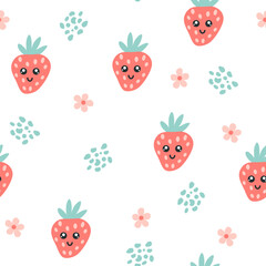 Strawberry character seamless pattern. Strawberry with smiley face and flowers. Creative texture for fabric, packaging, textiles, wallpaper, clothing. Vector illustration for kids. Cute fruit 