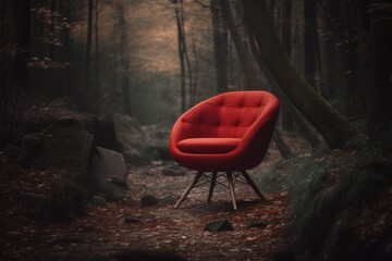 A red soft chair in the forest. Creative background.