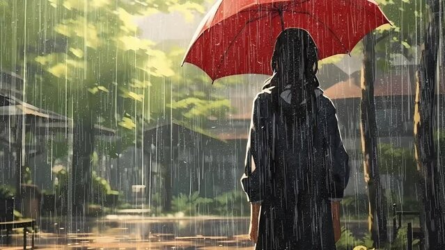 a woman alone at night in a rainstorm, night in a rainstorm scene, relaxing music background