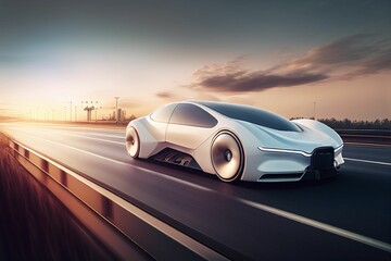Electric sport car running on the morning road in future city Created with Generative AI technology.