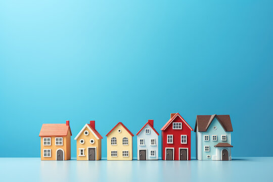 Miniature house models stand in a row isolated on a flat blue background with copy space. Cute dollhouses standing in a line, front view. 3d render illustration style.