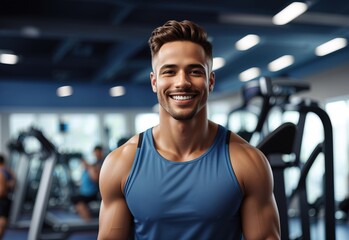 Fototapeta na wymiar Portrait of a happy fit man smile in the gym background, Healthy lifestyle and sports concept
