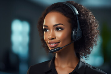 Female African American customer support agent working at a call center. Generative AI.
