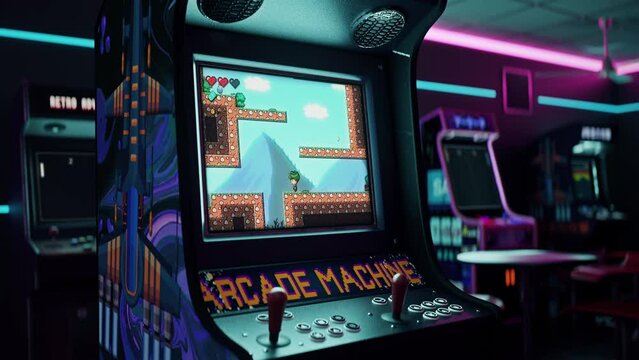 Animation Of The Classic Platformer Game Played On The Retro Arcade Machine. Animation Of A Classic Jumping Simulator Played In The Gaming Room. Playing The Animation Of The Classic Arcade.