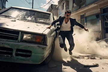 Action shot with man running away. Dynamic scene with car in action movie blockbuster style. © swillklitch