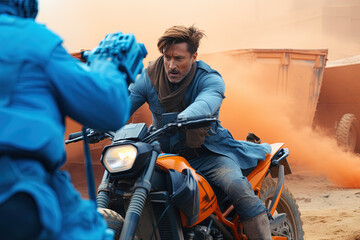Fototapeta na wymiar Action shot with man riding away on bike. Dynamic scene in action movie blockbuster style.