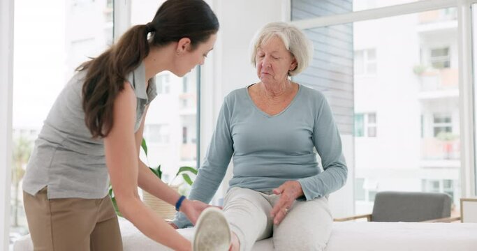 Woman, physiotherapist and legs rehabilitation of senior patient, medical advice and physical therapy services. Physiotherapy, healthcare assessment and chiropractor healing knee pain from arthritis