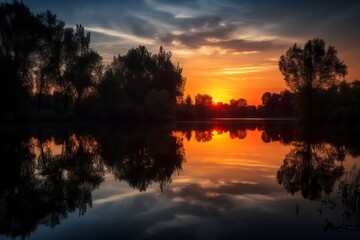 Illustration of a serene sunset over a tranquil lake with trees in the foreground, created using generative AI