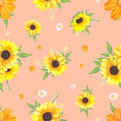 Seamless floral pattern with watercolor flowers, sunflower , leaves