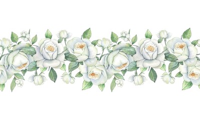 Seamless floral border with watercolor white roses and leaves, on a white background