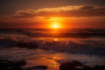 Illustration of a beautiful sunset over the ocean waves, created using generative AI