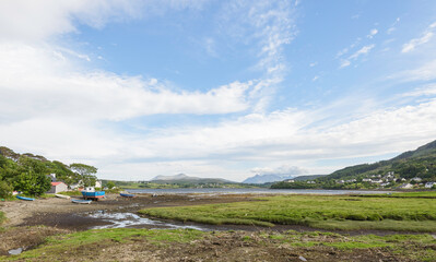 Cairngorm National Park  and Dalwhinnie Distillery viewsduring a sunny day, Highlands, Scotland