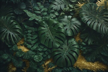 Graphic representation of a tropical green foliage arrangement including Monstera, fern, and Eucalyptus leaves adorned with gold glitter particles. Created with generative AI tools