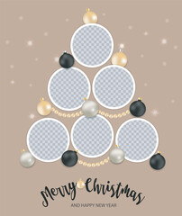 Christmas round Photo frames Mockup. Six Empty templates. Vertical composition with shiny balls and beads.  Vector 3d realistic. Holiday collage on beige background. EPS10.