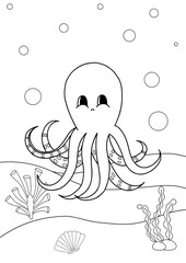 Naklejka premium Cute cartoon octopus. Coloring book or page for kids. Marine life