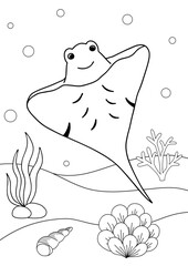 Cute cartoon stingray. Coloring book or page for kids. Marine life