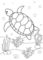 Cute cartoon turtle. Coloring book or page for kids. Marine life
