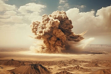Fototapeta na wymiar Nuclear explosion in the desert. Puffs of sand and ash against the sky. Apocalypse. War. Nuclear threat. Third World War.