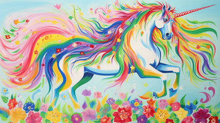 abstract colorful background with unicorn and flowers. watercolor illustration. Generative AI