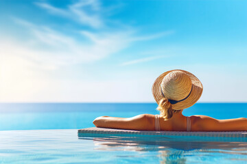 Woman in straw hat relaxing at  in  swimming pool with blue sky background