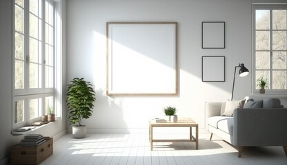 Beautiful bright light living room blank wooden frame Generative Ai