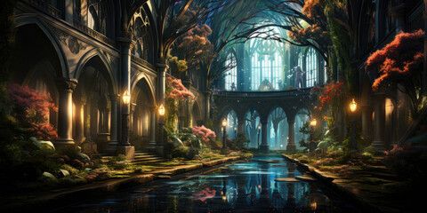 epic cathedral inside lush forest with colorful stained glass,16k , cinematic look, wallpaper background image - obrazy, fototapety, plakaty