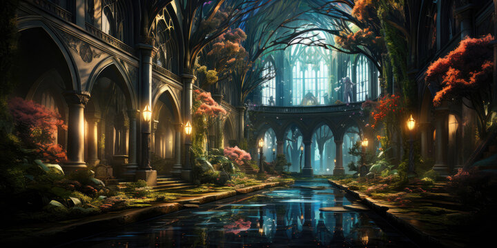 epic cathedral inside lush forest with colorful stained glass,16k , cinematic look, wallpaper background image