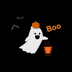 Halloween background cute ghost. The ghost and orange lantern in black background with a flying bat.