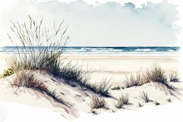 A watercolor painting of a beach scene