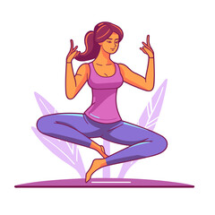 Sports coach and yoga instructor. Calm female yogi practice yoga in lotus position. cartoon vector