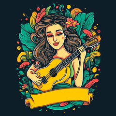 Fototapeta na wymiar A romantic girl plays a lyrical melody on the guitar. Summer garden party concert. Cartoon vector illustration.