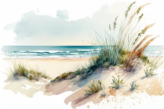A watercolor painting of a beach scene