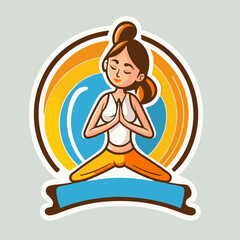 Teacher meditating in lotus pose. Woman sitting in a fitness studio with her yoga class. cartoon vector