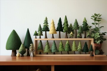 Christmas Composition with Many Green Felt Trees on Wooden Table - Powered by Adobe