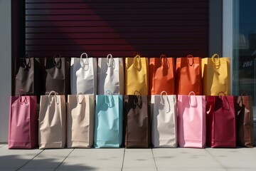 Array of Colorful Paper Shopping Bags Outside a Shop, Generative