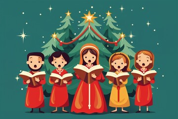 Christmas Choir Singing in Festive Green Backdrop, Generative AI