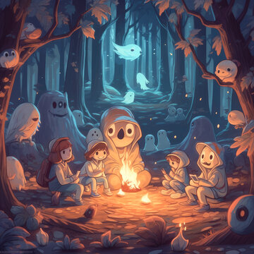 A captivating illustration of adorable ghost kids telling ghost stories around a glowing campfire in the heart of a mystical ghost forest. 