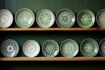 wo rows of green plates with winter Christmas décor, Generative AI