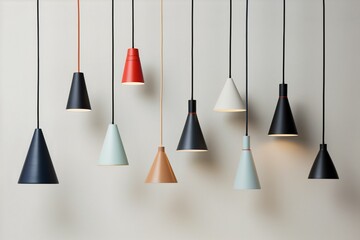 Showroom Display of Home Hanging Lamps Against a White Wall, Gen