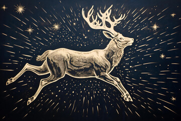 Starry Jumping Reindeer Linotype Design, Generative AI - obrazy, fototapety, plakaty
