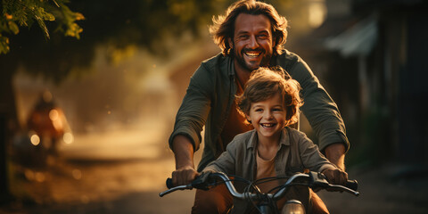 happy family, father teaches child son to ride a bike in park