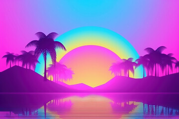 Naklejka premium Palm trees and rainbow 80s landscape in vaporwave style. Retrowave vacation background with tropical sunset and palms.