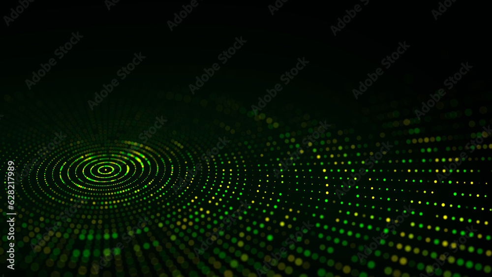 Poster abstract green technology circle wave. flow of particles. big data transfer visualization. 3d render