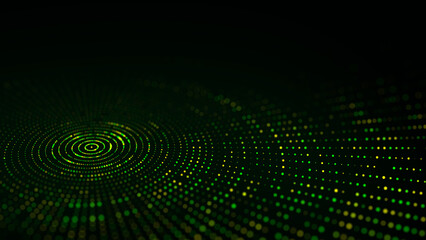 Abstract green technology circle wave. Flow of particles. Big data transfer visualization. 3d rendering.