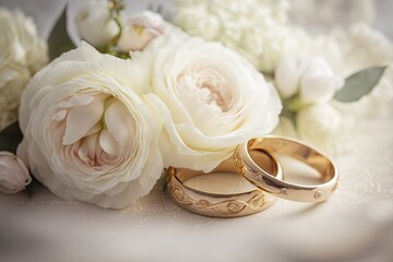 Two wedding rings sitting on top of a bouquet of flowers