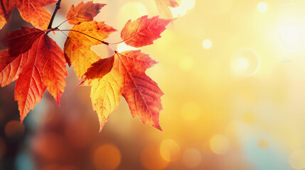Nature of Red Leaves on beautiful Yellow bokeh background and copy space for text. Using as autumn environment cover page. Generative Ai	